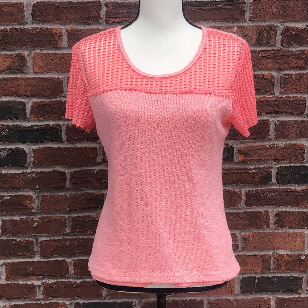 Janeric Knit Mesh Short Sleeve Y2K Top Light Orange Sorbet Lined Hi Low Sz M